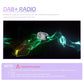 Single-DIN car touchscreen stereo with DAB+ radio feature illustration and warning note