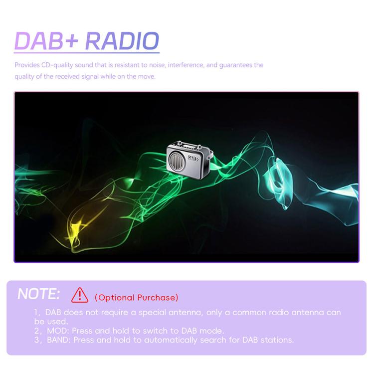 Single-DIN car touchscreen stereo with DAB+ radio feature illustration and warning note