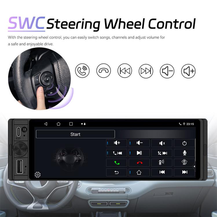 Single-DIN car touchscreen stereo with steering wheel control icons and dashboard view
