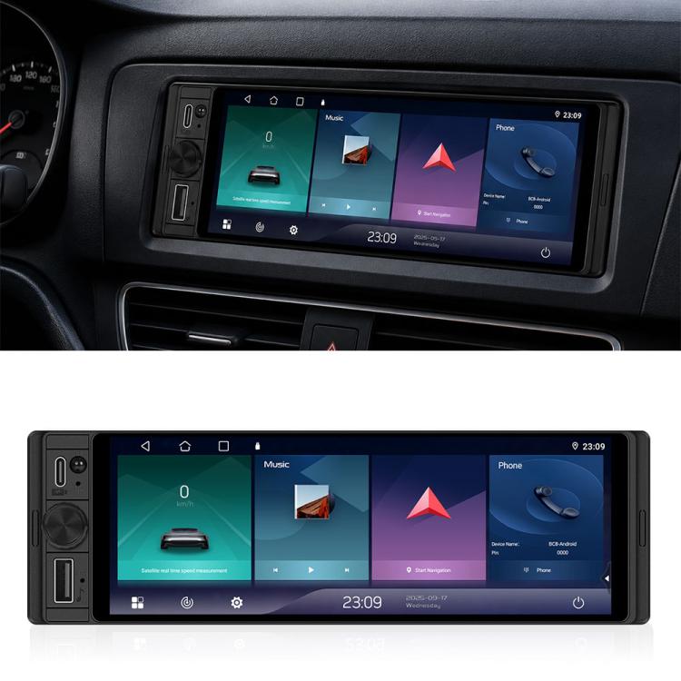 6.28-inch single-DIN car stereo installed in dashboard with touchscreen display