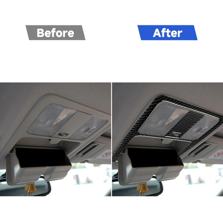 Reading light trim sticker showing before and after installation with carbon fiber finish