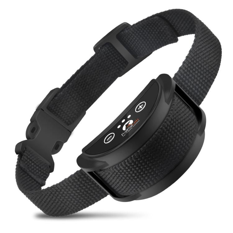 Black woven anti-bark dog training collar with adjustable strap and control module
