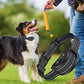Black anti-bark dog training collar worn on a smiling dog, control panel visible