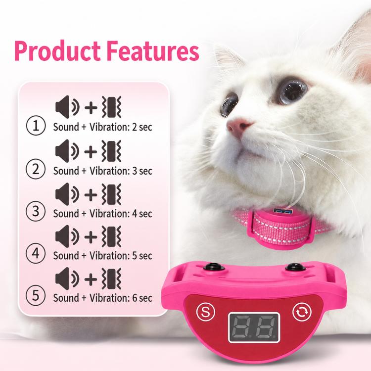 Pink cat training collar with LCD display and button controls on the front unit