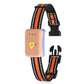 Smart GPS pet tracker collar set with orange-striped strap, tan tracker, and spare mounts