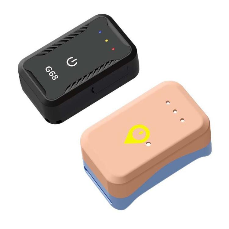 Smart GPS tracker device with black charging base and tan tracker module