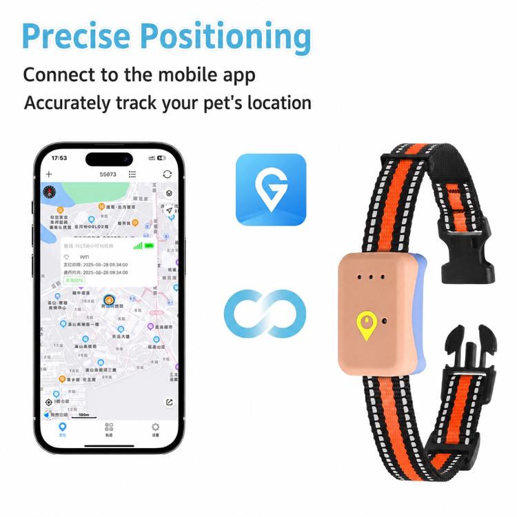 Smart GPS pet tracker collar with tan module shown with smartphone map app