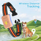 Smart GPS pet tracker collar with tan module on dog outdoors, distance tracking icons