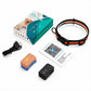 Black adjustable GPS pet tracker collar with orange trim, small tracker device and accessories