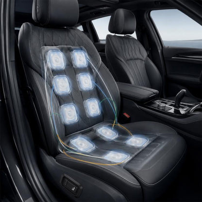 Car seat massage system with illuminated air pads installed on a black seat cushion