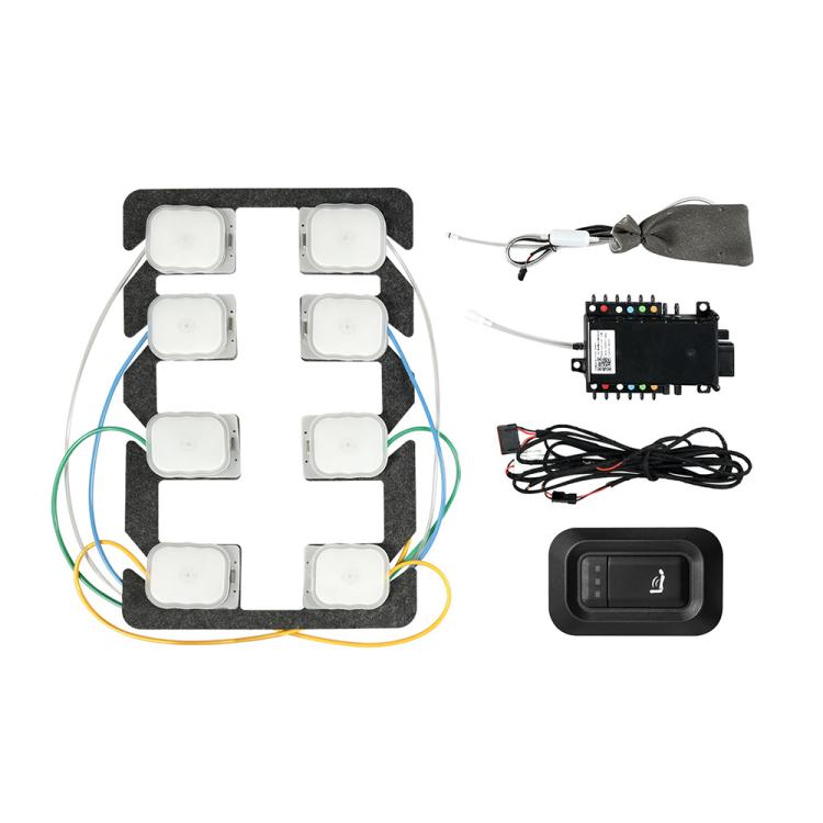 Car seat massage kit components: air pads, control module, wiring harness, and switch