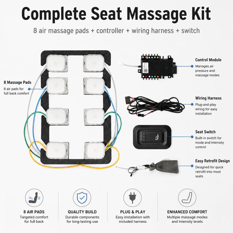 Car seat massage kit with air pads, control module, wiring harness, and seat switch