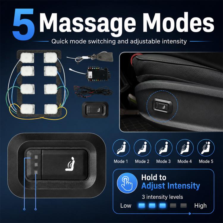 Car seat massage control switch with mode options and adjustable intensity for air massage