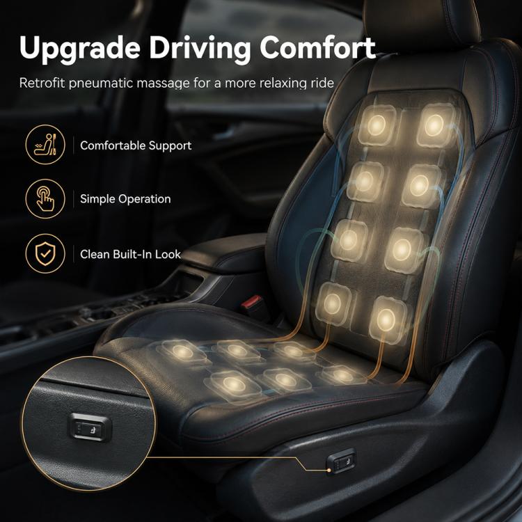 Car seat massage system installed with illuminated air pads and a black seat control switch