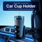 Car cup holder holding a silver tumbler, black adjustable expandable cradle