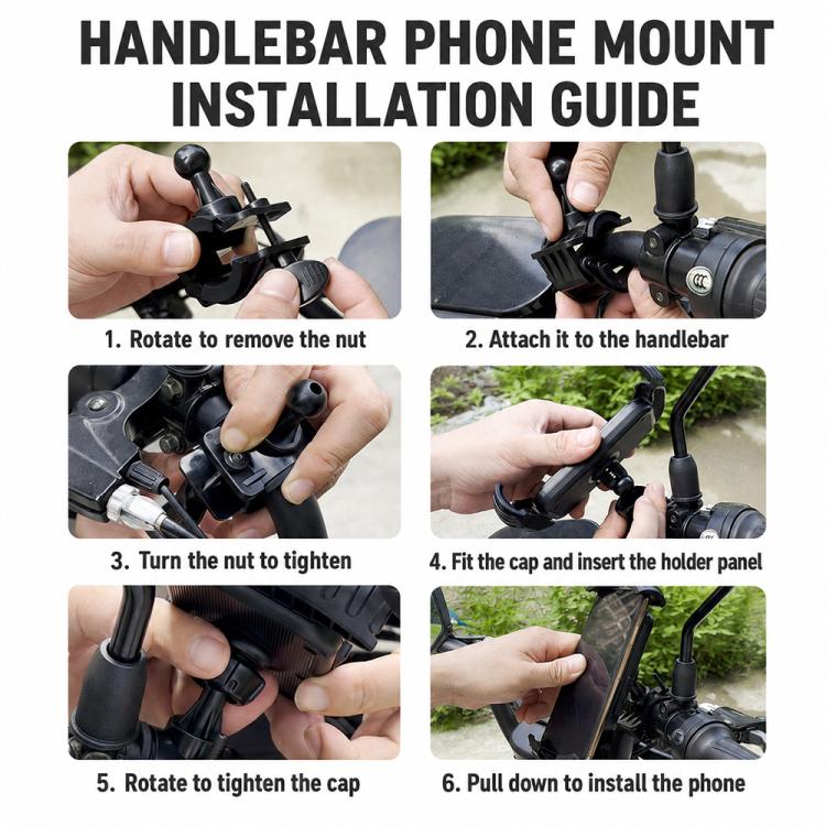 Motorcycle handlebar phone mount with clamp and protective cap, installation steps