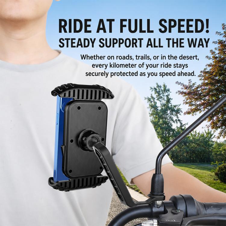 Motorcycle phone navigation holder with phone cradle and clamp mount on a bike handle