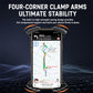 Motorcycle phone navigation holder with four-corner clamp arms holding a smartphone