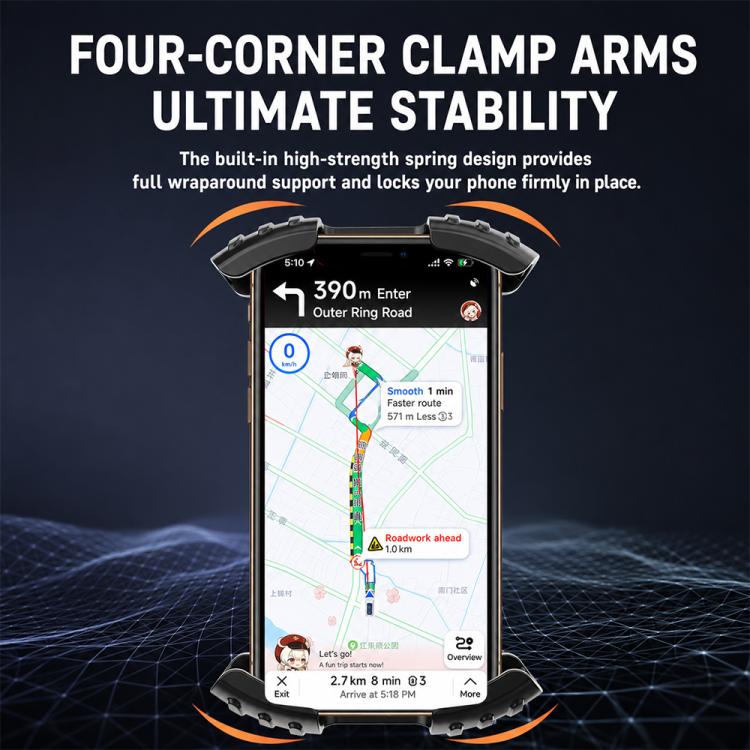 Motorcycle phone navigation holder with four-corner clamp arms holding a smartphone