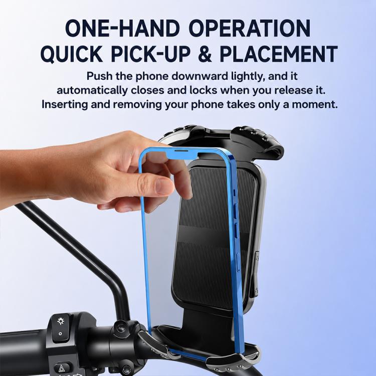Motorcycle phone navigation holder with one-hand lift clip, showing phone insertion