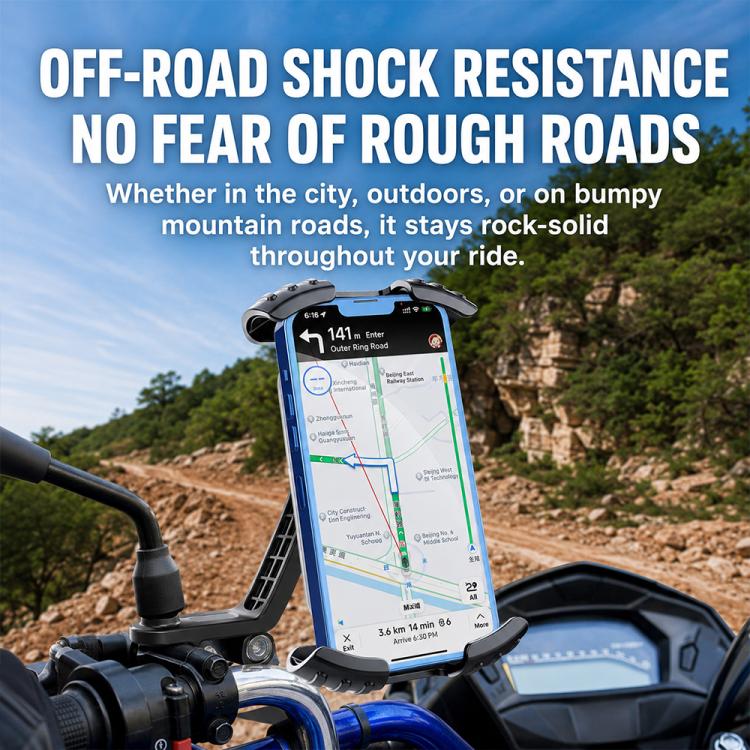 Motorcycle phone navigation holder mounted on handlebars with phone displaying a map