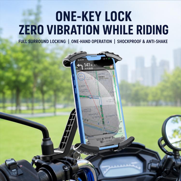 Motorcycle phone navigation holder with one-key lock holding a phone on the bike mount