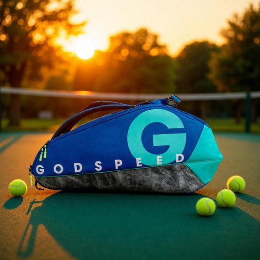 Large sports racket bag in blue with teal panel and dark gray bottom, GODSPEED G logo