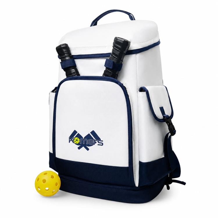 Komers pickleball paddle sports backpack, white with navy trim, front pocket and carry handle