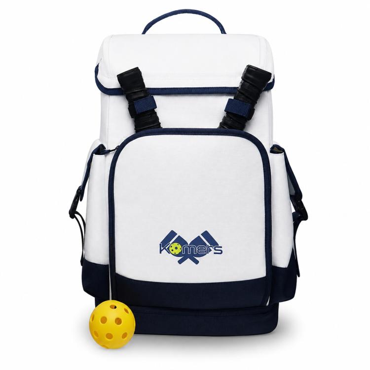 Komers paddle sports backpack, white front panel with Komers logo, adjustable side straps