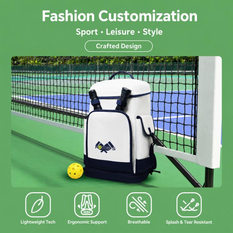 Komers paddle sports backpack, white with navy accents, front pouch and side accessory clip