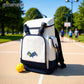 Komers paddle sports backpack, white and navy, with front panel and yellow paddle ball