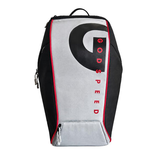 Black sports racket backpack with red piping, front logo graphic, and side zipper
