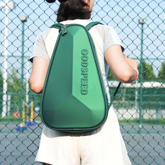 Green hard-shell padel racket sports backpack bag with top handle and two straps