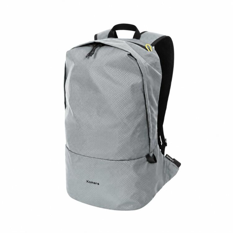 Lightweight nylon backpack in light gray with black-trim top handle and front zipper pocket