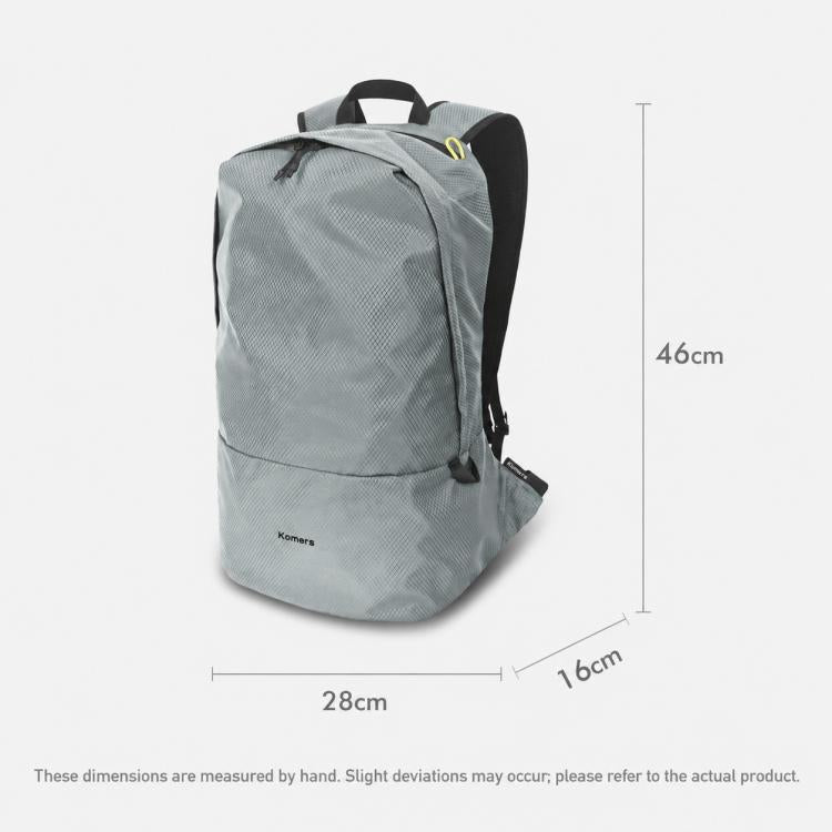 Light gray backpack with black back panel, top handle, and front zipper pocket, side view