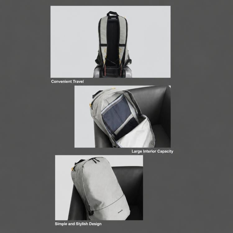 Light gray backpack shown in multiple views with front pocket and black shoulder straps