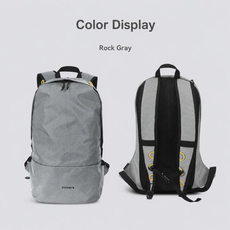 Rock gray backpack front and back views with black shoulder straps and yellow loop accents
