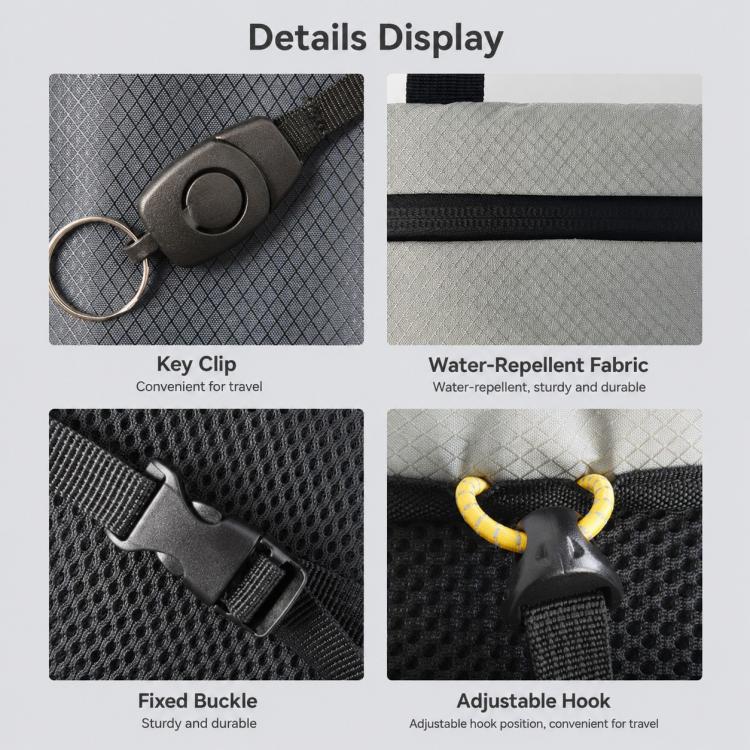 Backpack detail closeups: key clip, water-repellent fabric, fixed buckle, adjustable hook