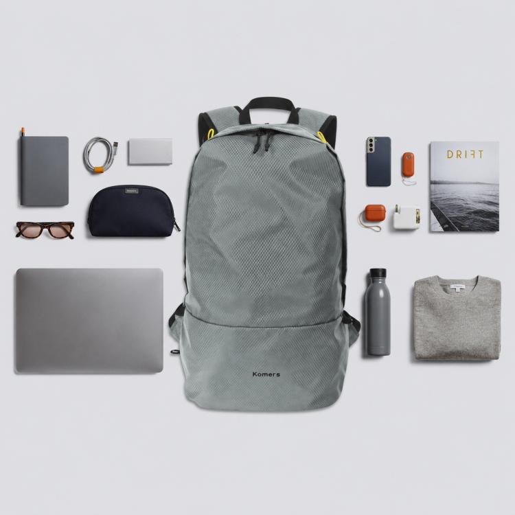 Light gray nylon backpack with top handle and front zipper pocket, shown with matching items