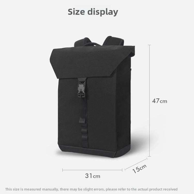Black rectangular backpack with fold-over top flap and adjustable shoulder straps