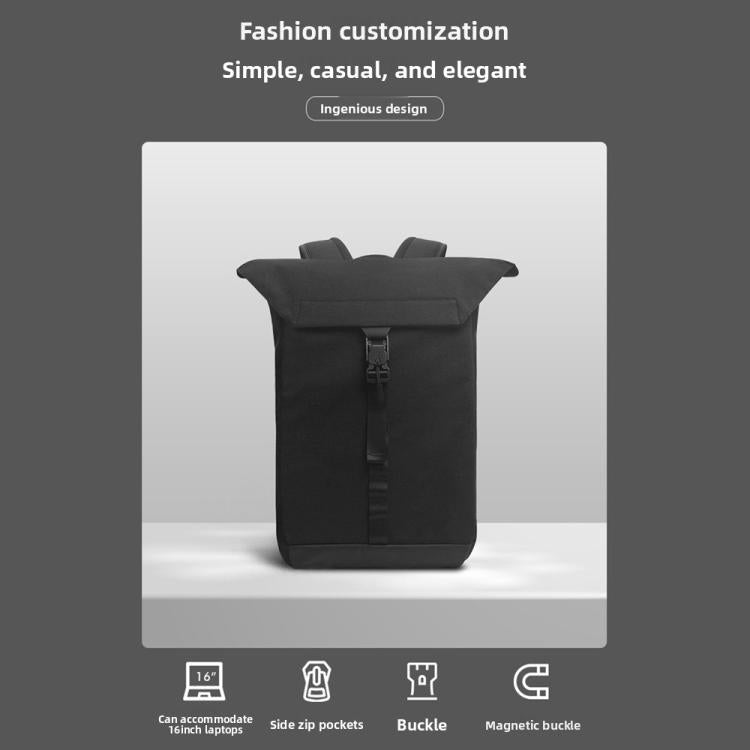 Black roll-top backpack with front buckle strap and padded top handle