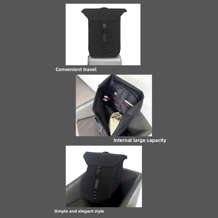 Black roll-top backpack with fold-over top flap and front strap buckle closure