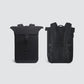 Black roll-top backpack, front and back views with adjustable shoulder straps