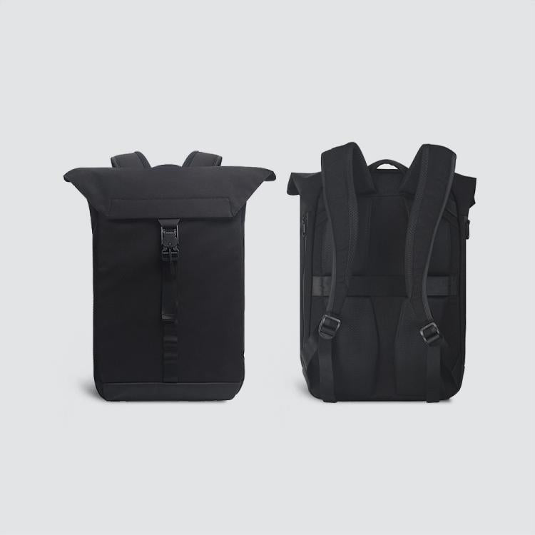 Black roll-top backpack, front and back views with adjustable shoulder straps