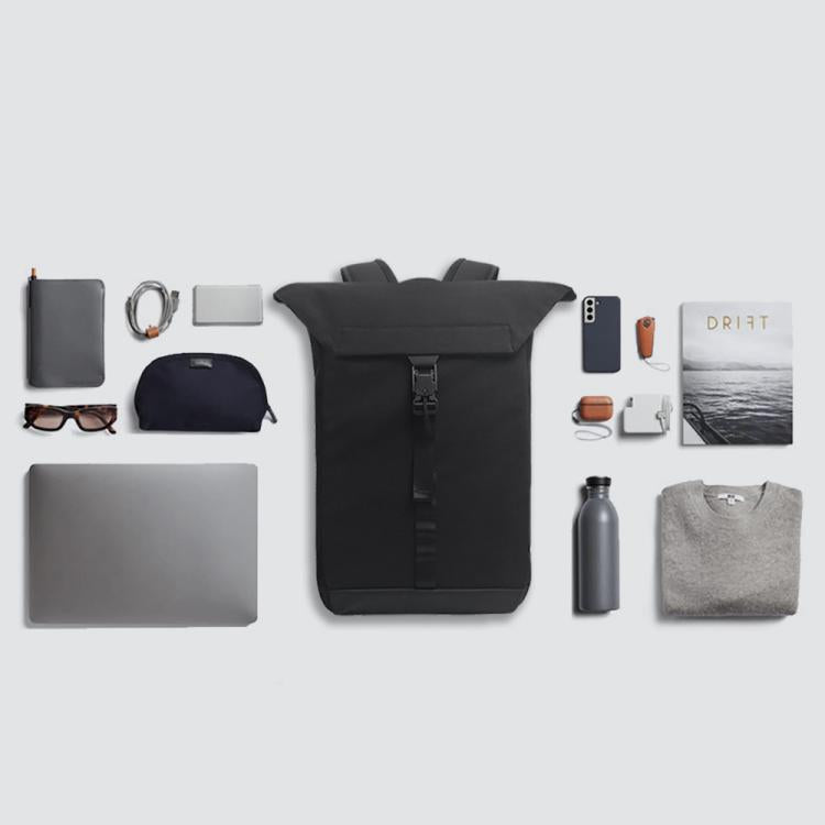 Black roll-top backpack with front buckle strap and structured, padded back