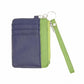 Two-tone square leather card holder with zip, blue body and green side lanyard