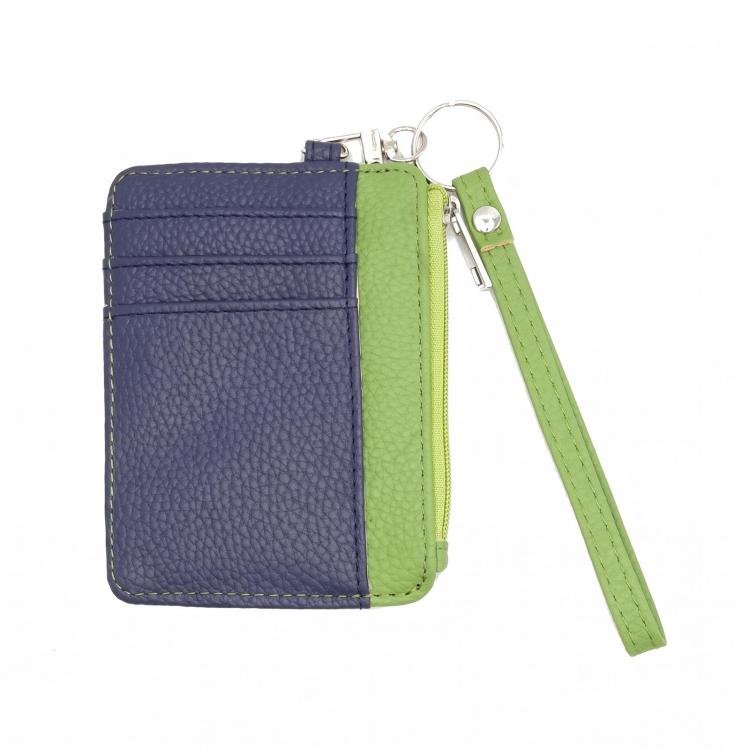 Two-tone square leather card holder with zip, blue body and green side lanyard