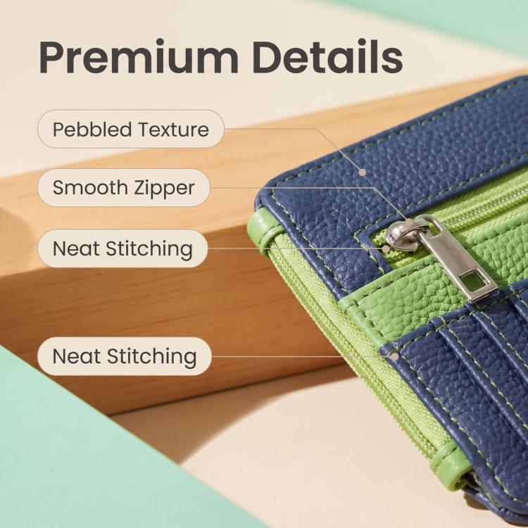 Leather zip pocket detail on blue and green square card holder with visible stitching