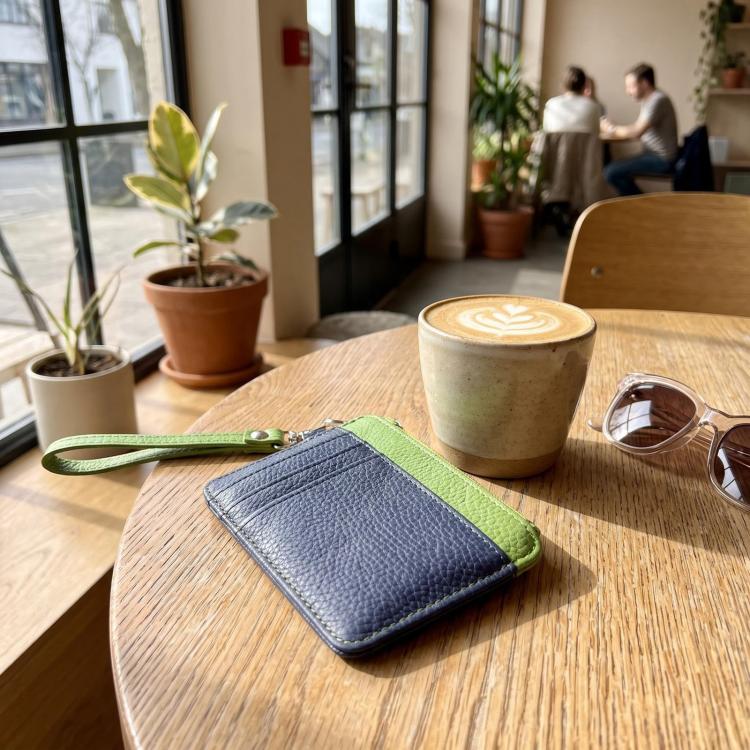 Square leather card holder with lanyard, blue front with green zipper edge