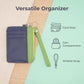 Square leather card holder with lanyard, blue front and green zip trim